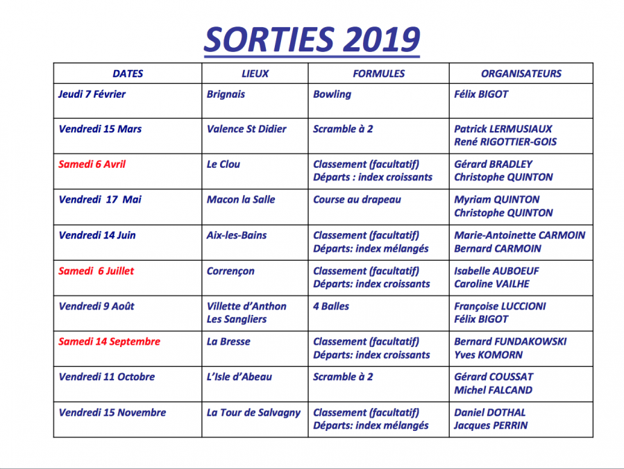 Calendrier des sorties 2019